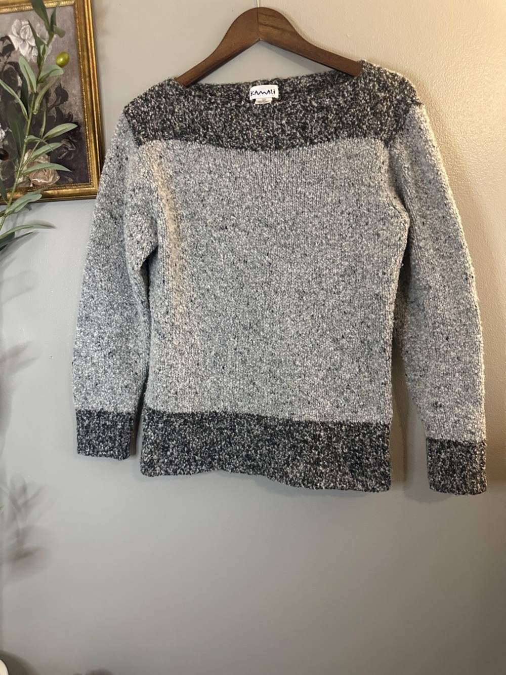 Kamali Gray Bouclé Wool Blend Boat Neck Colorblock Cozy Knit Sweater Medium - Picture 2 of 7